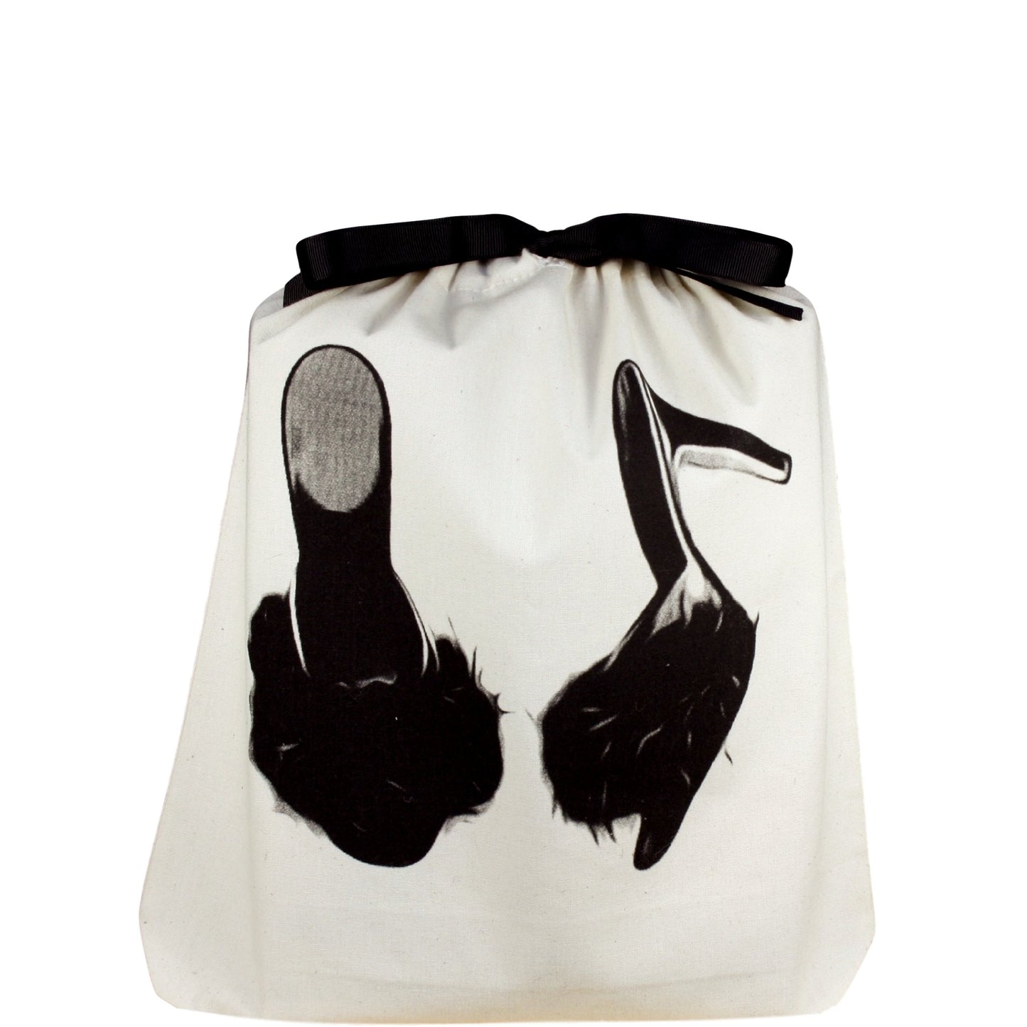 Shoe bag with feather slippers printed on the front of the bag. 