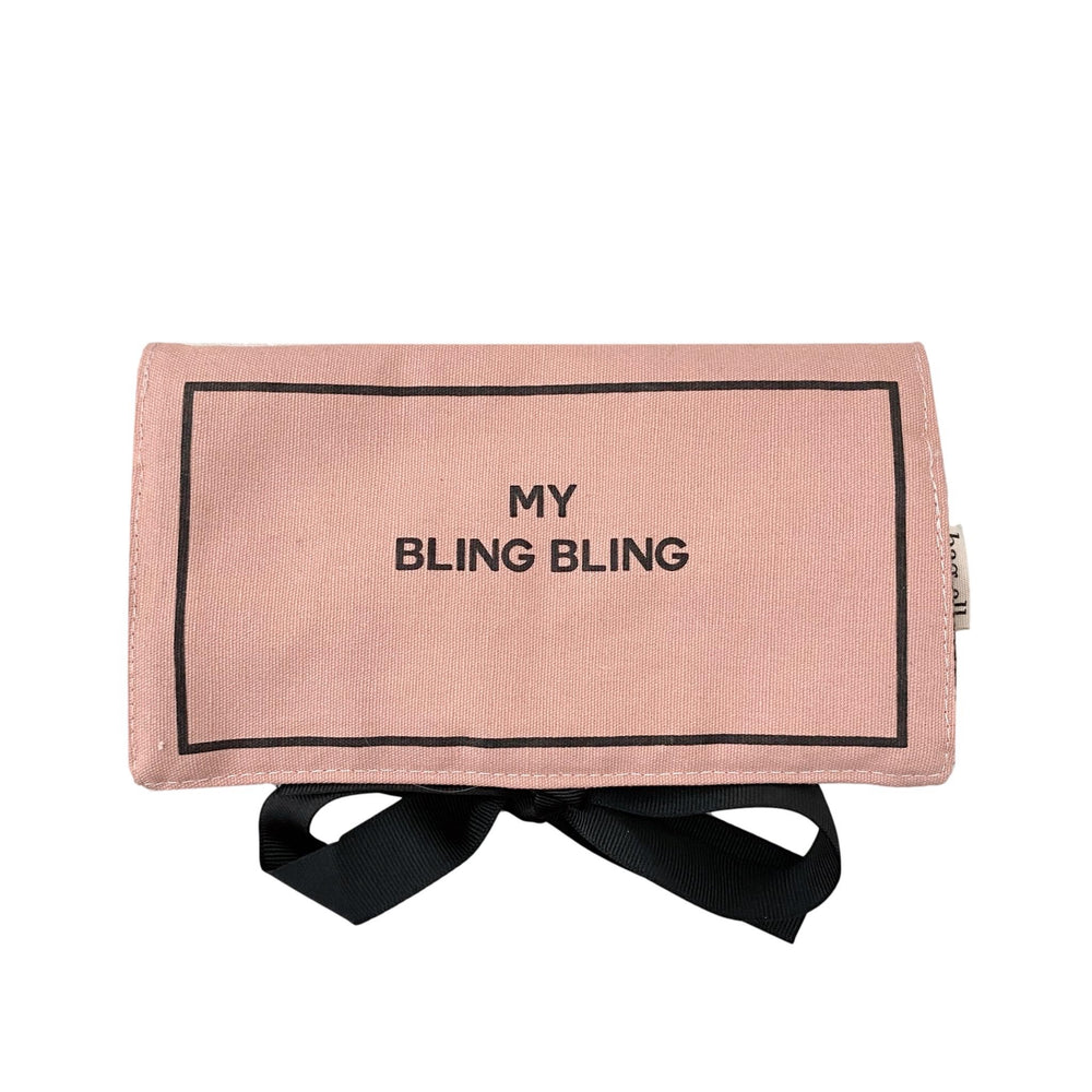 Pink Jewelry case with "my bling bling" on the front in black.