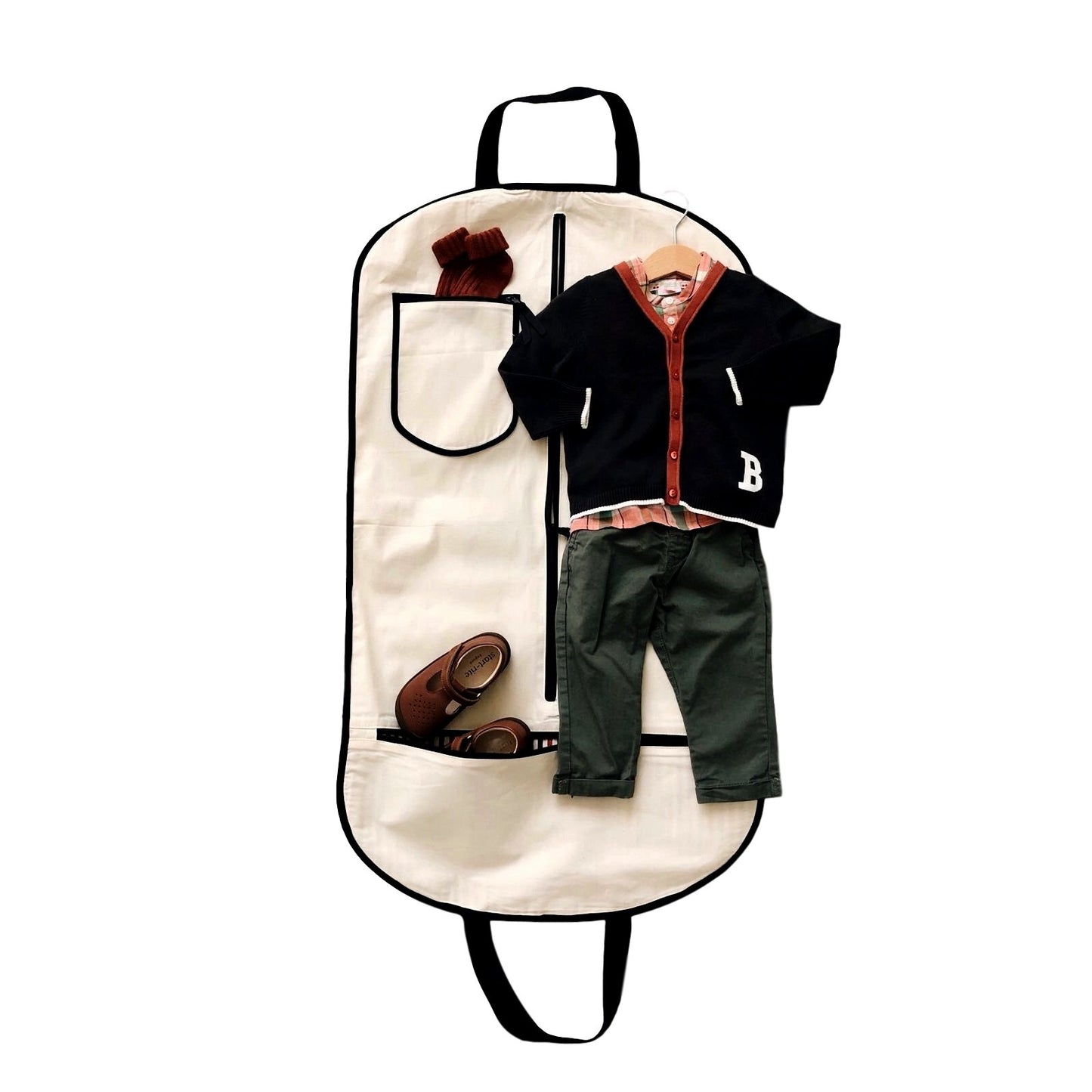 
                                      
                                        Kid garment bag with a little boys outfit printed on the front in black. 
                                      
                                    