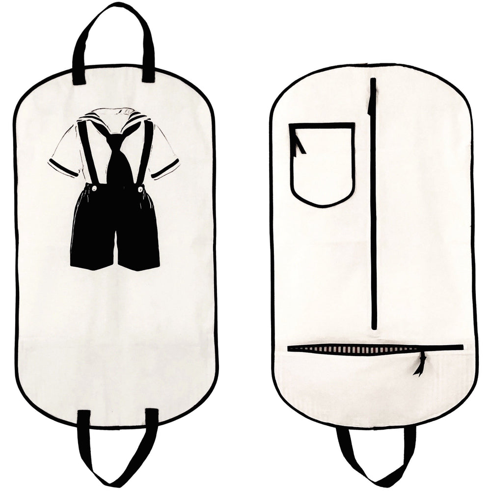 
                                      
                                        Kid garment bag with a little boys outfit printed on the front in black. 
                                      
                                    