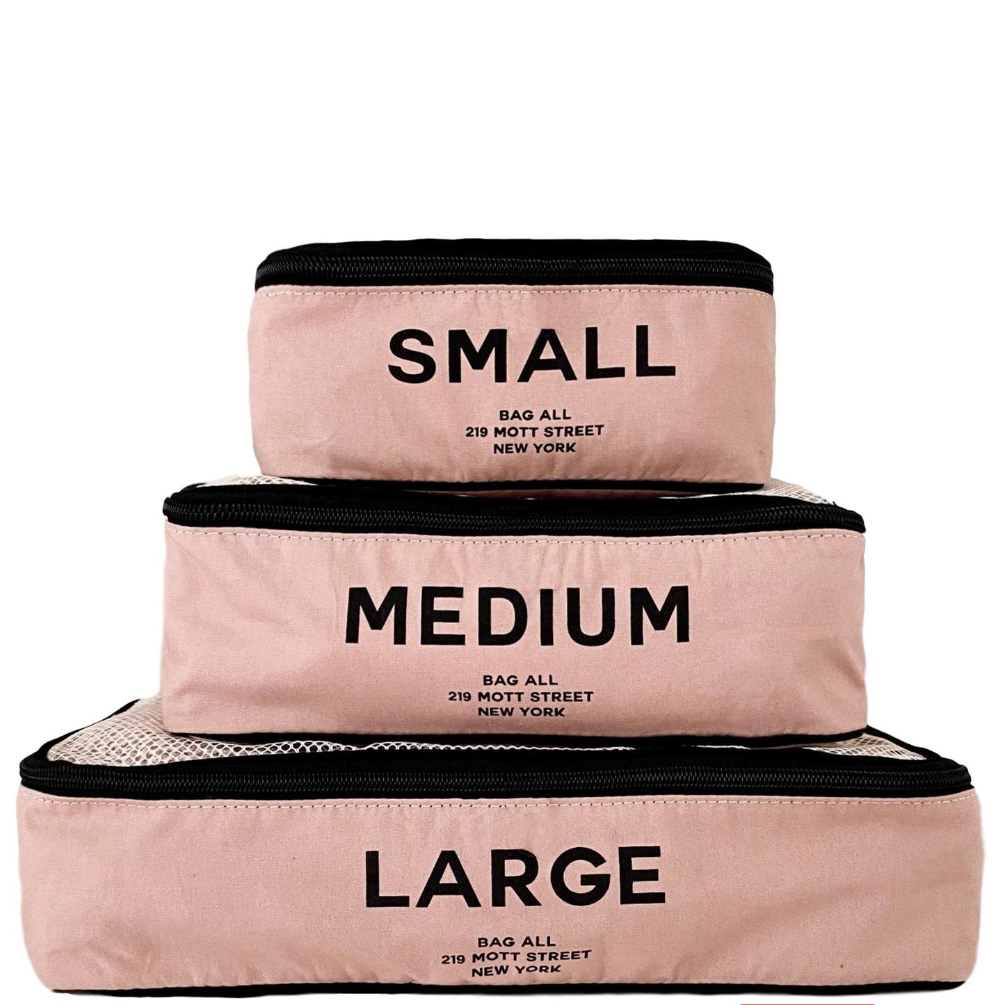 Pink packing cubes in small medium and large. 