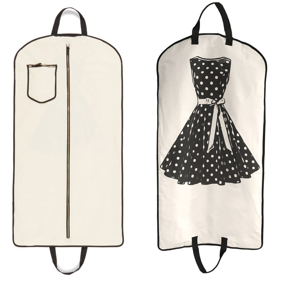 
                                      
                                        Garment bag with a polkadot dress printed on the front. 
                                      
                                    