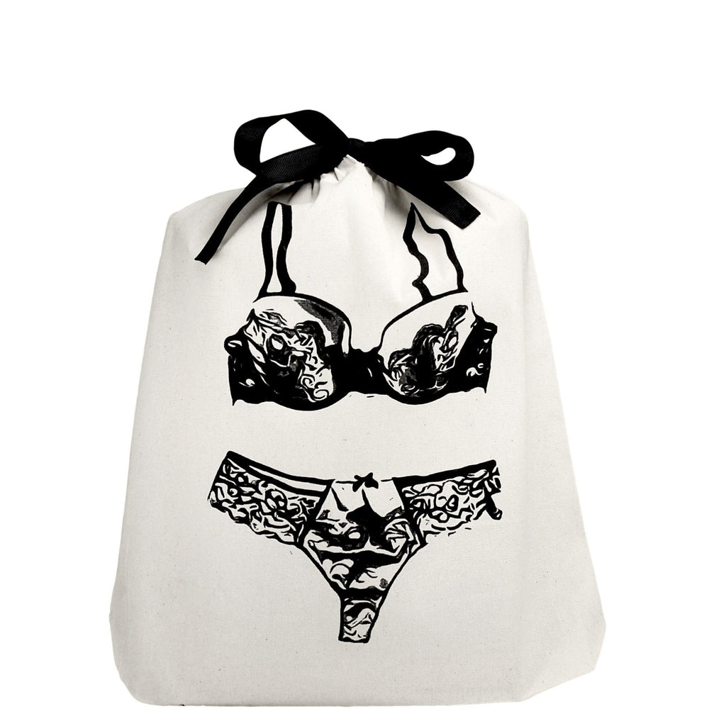Travel organizing bag with lace lingerie printed on the front. 