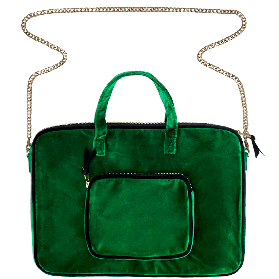 Carry Laptop Sleeve/Case, with Handle & Gold Chain, Green Velvet - Bag-all Europe