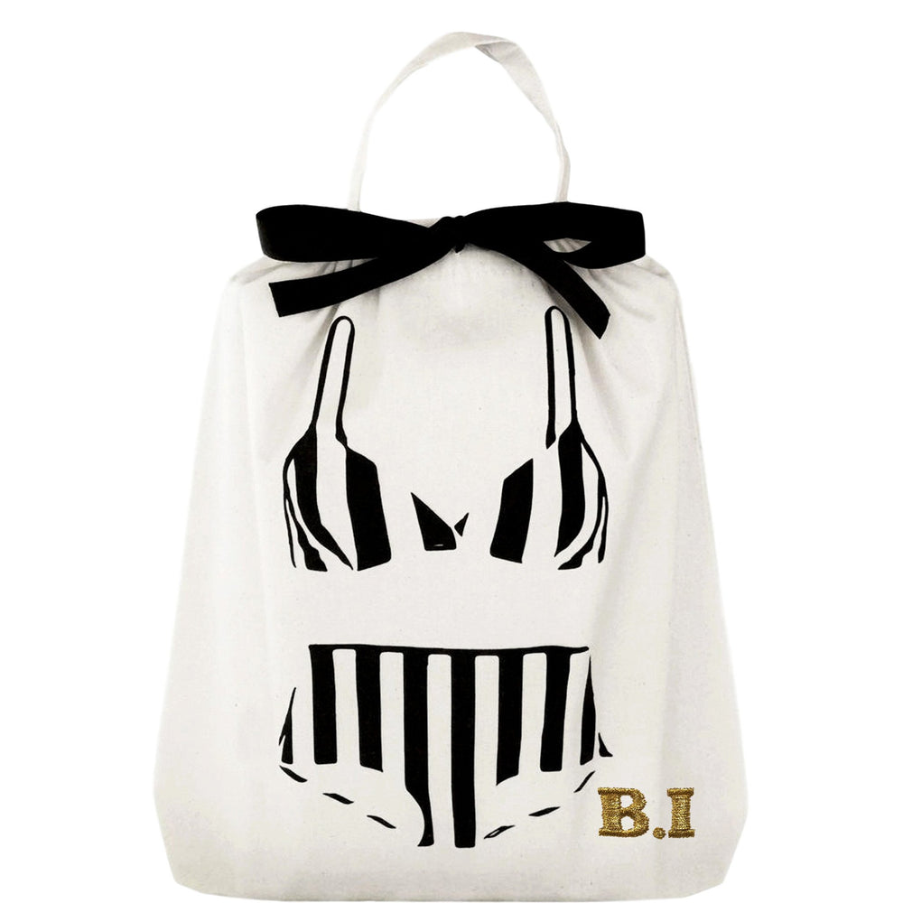 
                                      
                                        A striped bikini bag with "B.I" monogrammed in the bottom corner. 
                                      
                                    
